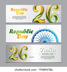 26 of January, India Republic Day. Vector multicolor banner set with glossy numbers and Ashoka wheel. India flag colors, trendy design. Design for greeting card, holiday banner, flyer, poster.