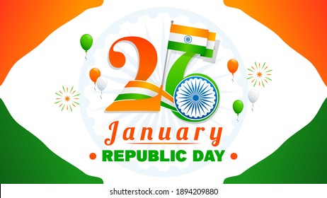 26 January, Indian Republic day greeting card vector illustration. flag of India waving and Ashoka chakra wheel(spinning wheel). Celebration event