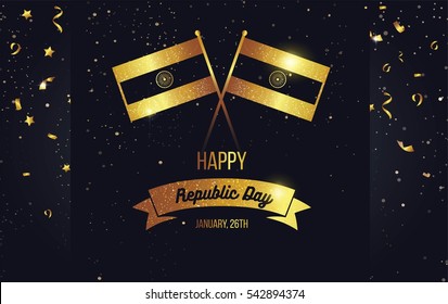 26 january. Indian Republic Day greeting card. Celebration background with  sparkling golden flags and confetti. Vector illustration