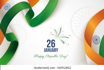26 january. Indian Republic Day background in national flag color theme. Celebration banner  with curving ribbons and text. Vector illustration