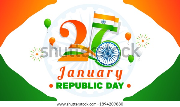 26 January, Indian Republic day\
greeting card vector illustration. flag of India waving and Ashoka\
chakra wheel(spinning wheel). Celebration\
event