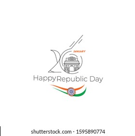 26 January Republic Day Concept - Taj Mahal Hand Drawn, India Agra - Line Art Vector Illustration.