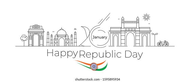 26 january Republic day concept - India Gate Taj Mahal & Gateway Of India Mumbai,  Line art vector illustration.