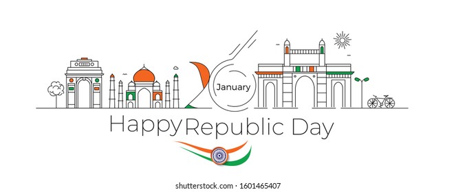 26 january Republic day concept - India Gate Taj Mahal & Gateway Of India Mumbai,  Line art vector illustration.