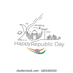 26 January Republic Day Concept - Taj Mahal Hand Drawn, India Agra - Line Art Vector Illustration.