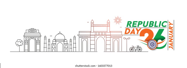 26 January Republic Day Concept - India Gate Taj Mahal & Gateway Of India Mumbai,  Line Art Vector Illustration.