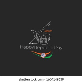 26 January Republic Day Concept - Taj Mahal Hand Drawn, India Agra - Line Art Vector Illustration.