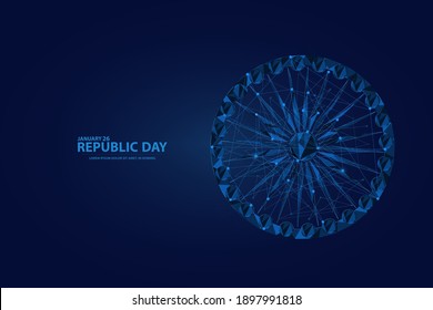 26 January is the Republic Day of India. Low poly wireframe Indian Republic Day flag Ashoka wheel background. Digital Vector illustration. Abstract polygonal 