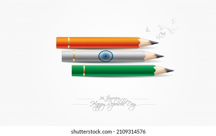 26 January Republic day of India. Creative vector illustration with pencil in tricolor background