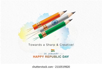 26 January Republic day India  Vector illustration pencil and indian tricolor flag   background
