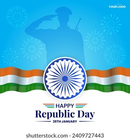 26 january republic day of india celebration with indian flag and soldier vector