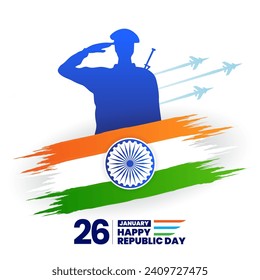 26 de enero, día de la república india, celebración con bandera india y vector soldado