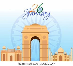 26 January, Republic Day Poster with India Famous Monuments on Blue Ashoka Wheel Background.