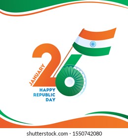 26 January text with Ashoka Wheel and Indian Flag on white background for Happy Republic Day celebration concept.