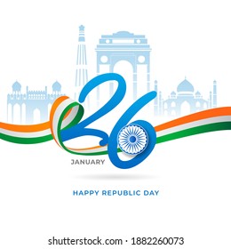 26 January Text With Ashoka Wheel, Tricolor Ribbon And India Famous Monuments On White Background.