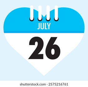 26 July calendar icon sky blue heart shape on light sky blue color background, calendar vector symbol for the month of July.