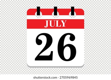 26 de julio Vector de calendario, 26 fechas del mes de julio icono de calendario, fechas del 26 de julio icono de calendario, icono de calendario de Vector.