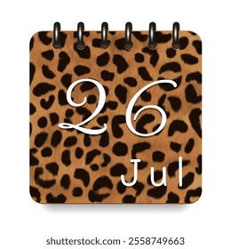 26 July. Leopard print calendar daily icon. White letters. Date day week Sunday, Monday, Tuesday, Wednesday, Thursday, Friday, Saturday.