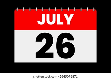 26 july month single day vector, illustration, calendar with red, off-white and black color background calendar icon of july 26