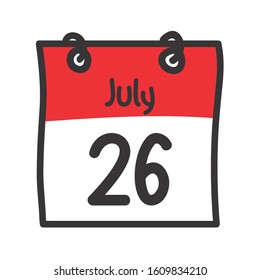 26 July. Vector flat daily calendar icon. Date and time, day, month. Holiday