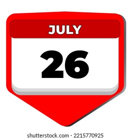 26 July vector icon calendar day. 26 date of July. Twenty sixth day of July. 26th date number. 26 day calendar. Twenty six date. Liberia independence, National Disability Independence