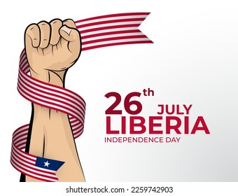 26 de julio. Imagen vectorial de la tarjeta de felicitación del Día de la Independencia para el país de Liberia con puños apretados y una cinta de bandera. Usar para banners en fondo blanco.