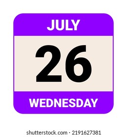 26 July, Wednesday. Date template. Useful design for calendar or event promotion. Vector illustration EPS 10 File.