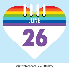 26 June calendar icon pride color heart shape on light sky blue color background, calendar vector symbol for the month of  June.