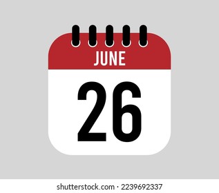 26 June calendar icon. Red calendar page vector for June days and weeks