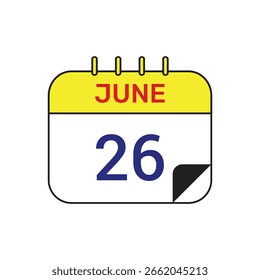 26 de junio Calendario icono de diseño de Ilustración vectorial