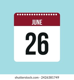 26 June calendar vector icon. Red and black June date for the days of the month and the week on a light background