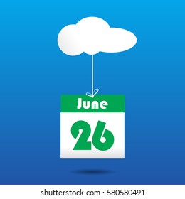 26 june calender icon with cloud. paper art style 