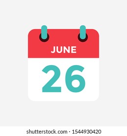 26 of June. Flat icon calendar . Date, day and month. Vector illustration.