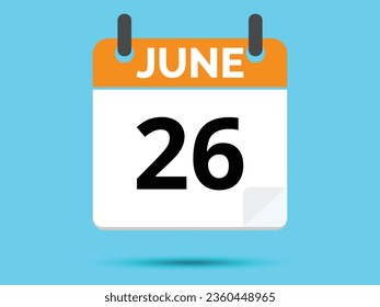 26 June. Flat icon calendar isolated on blue background. Vector illustration.