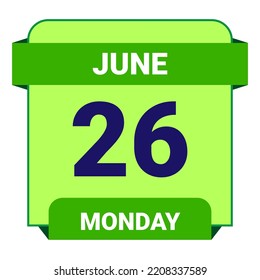 26 June, Monday. Date template. Useful design for calendar or event promotion. Vector illustration EPS 10 File. Isolated on white background.