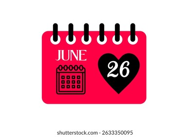26 junho mês vetor dia único, ilustração, calendário com vermelho, preto e branco ícone de calendário de fundo de cor de 26 de junho
