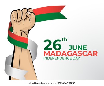 26 June. Vector illustration of Happy Independence Day greeting card for the country of Madagascar with clenched fists and a flag ribbon. Use for banners on a white background.