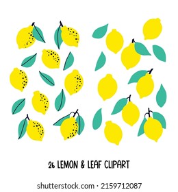 26 Lemon Clipart With Lemon Fruits And Lemon Leaves. Vector Illustration. Simple Cute Drawing