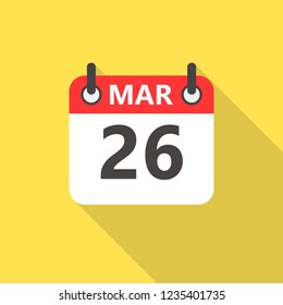 26 march calendar flat style icon with long shadow.