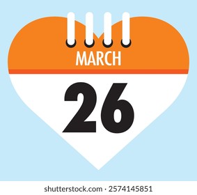 26 March calendar icon orange heart shape on light sky blue color background, calendar vector symbol for the month of March.