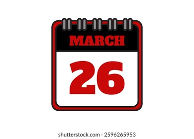 26 March calendar icon text page monthly web design on red, black and white background vector, icon, or illustration with the month of March 26