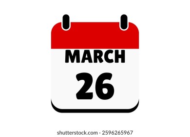 26 March calendar icon text page monthly web design on red, black and white background vector, icon, or illustration with the month of March 26