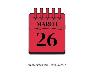 26 March calendar icon text page monthly web design on red, black and white background vector, icon, or illustration with the month of March 26