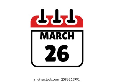 26 March calendar icon text page monthly web design on red, black and white background vector, icon, or illustration with the month of March 26