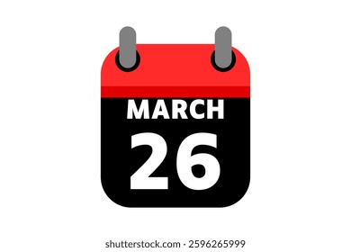 26 March calendar icon text page monthly web design on red, black and white background vector, icon, or illustration with the month of March 26