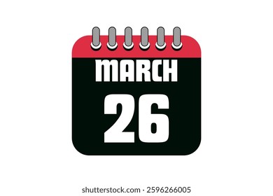26 March calendar icon text page monthly web design on red, black and white background vector, icon, or illustration with the month of March 26