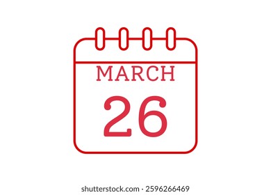 26 March calendar icon text page monthly web design on red and white background vector, icon, or illustration with the month of March 26