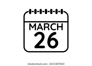 26 March calendar icon text page monthly web design on black and white background vector, icon, or illustration with the month of March 26