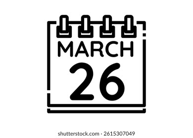 26 March calendar icon text page monthly web design on black and white background vector, icon, or illustration with the month of March 26