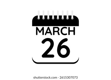 26 March calendar icon text page monthly web design on black and white background vector, icon, or illustration with the month of March 26